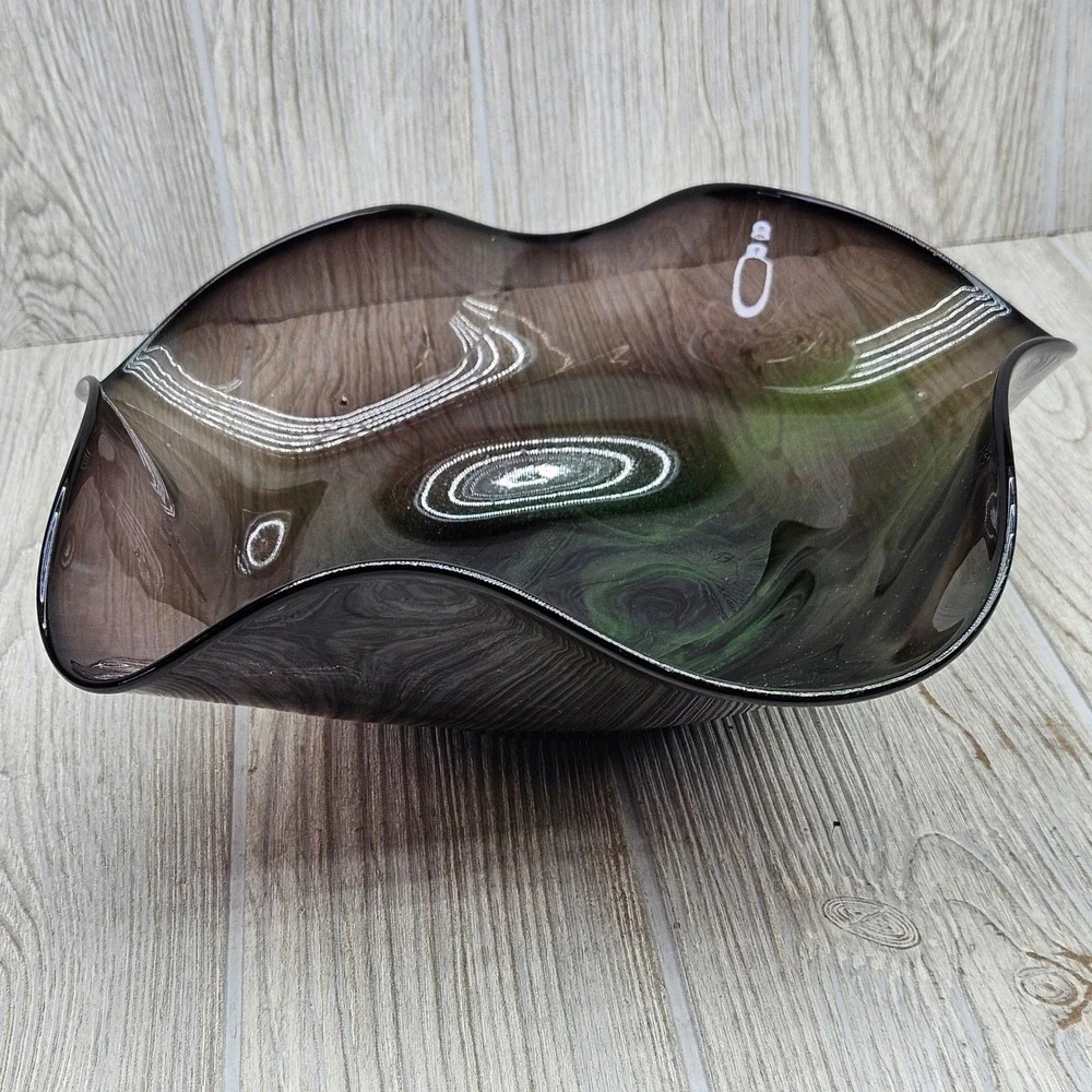 Ward 2004 Signed Studio Art Glass Wavy Bowl Smoky Purple Emerald Green